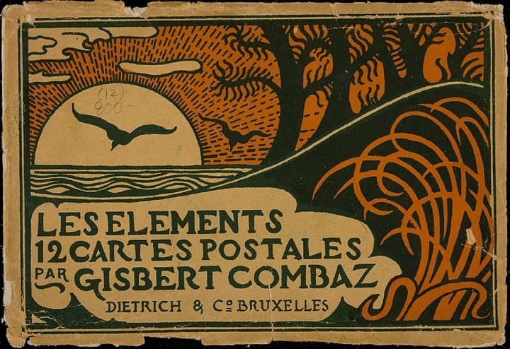 Vintage, printed postcard envelope with worn edges. A sombre autumn scenery, dark seagulls flying across the sky.